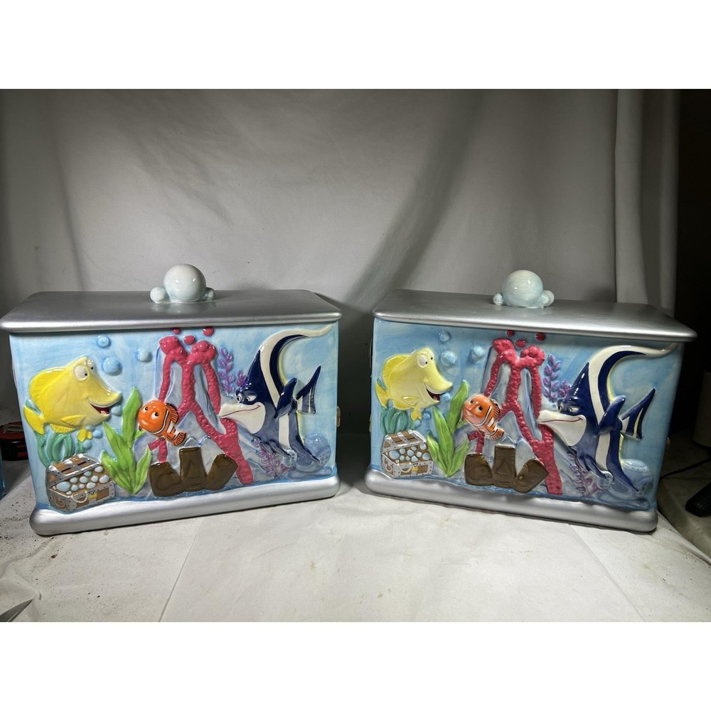 Disney Direct Finding Nemo Aquarium Ceramic Cookie Lot of 2 Jar Lid Pixar China